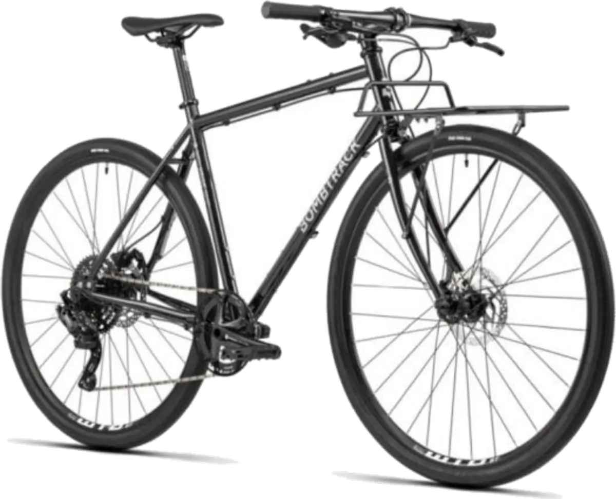 Anthrazitfarbenes Trekkingvelo mit Gepäckträger